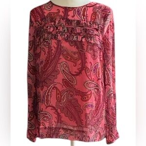 J. Crew Pink Paisley Ruffle-Trim Long Sleeve Silk Blouse size 2